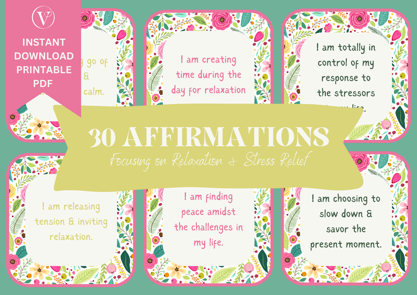 Printable Affirmation Card Set - Digital Download PDF - Focusing on Relaxation & Stress Relief