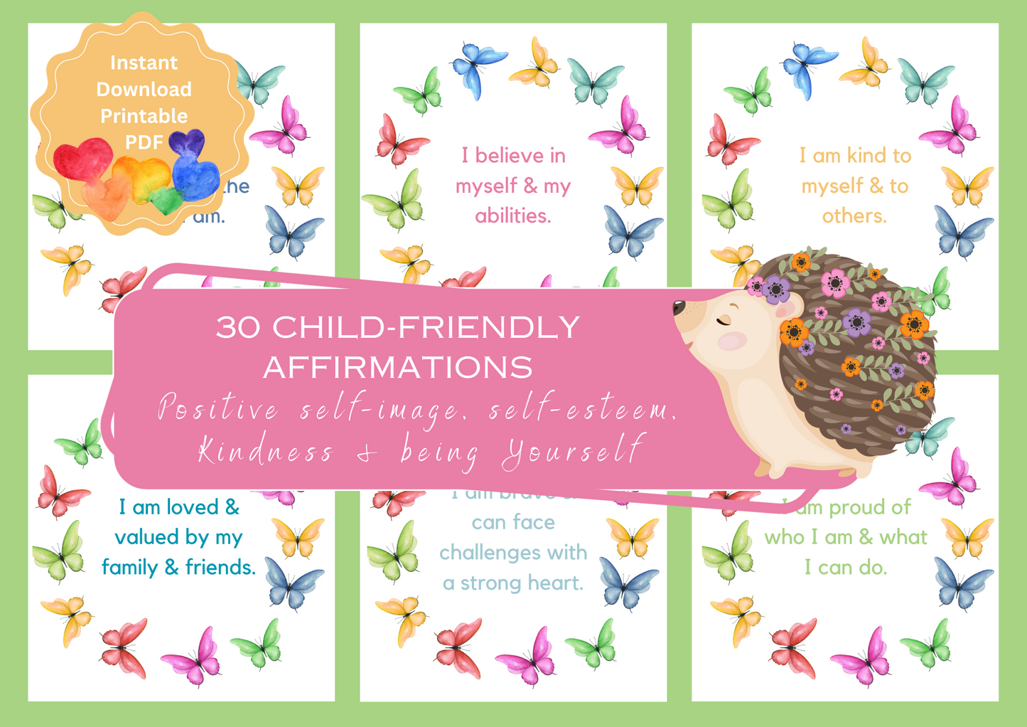 Printable Affirmation Card Set - Digital Download PDF - Child-Friendly Affirmations Focusing on Positive Self-Image, Self-Confidence, Kindness & Being Themselves
