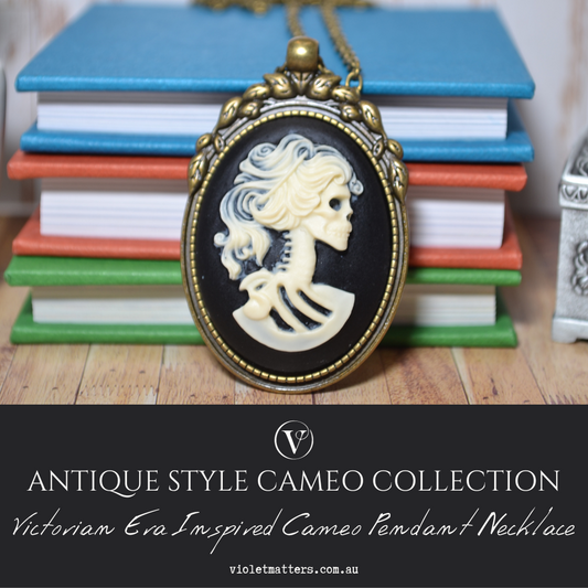 Antique Style Victorian Era Inspired Cameo Pendant Necklace - Portrait of a Skeleton Lady