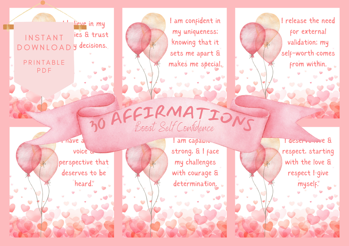 Printable Affirmation Card Set - Digital Download PDF - Boosting Self-Confidence