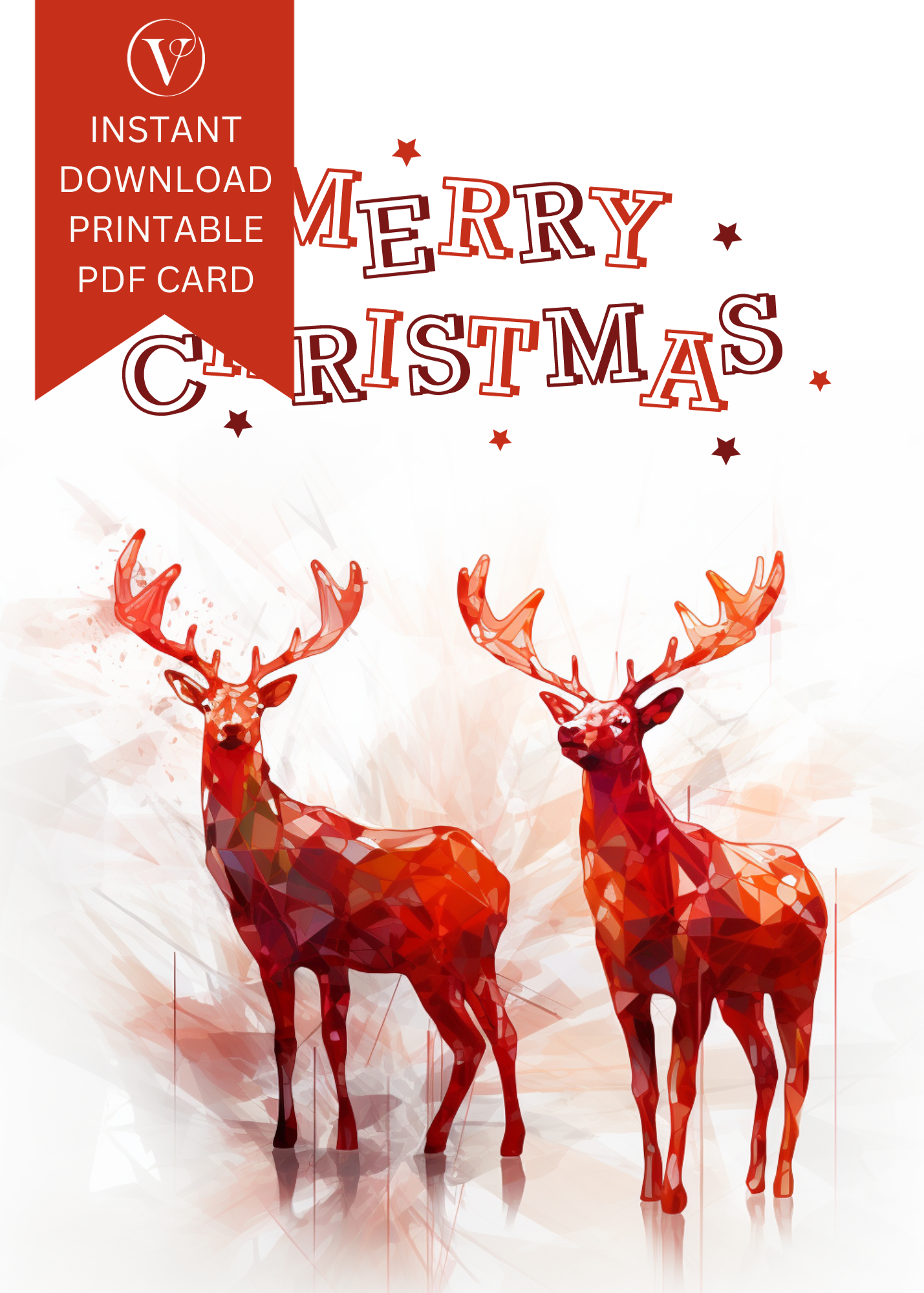 Modern Red Abstract Printable Christmas Reindeer A5 Card