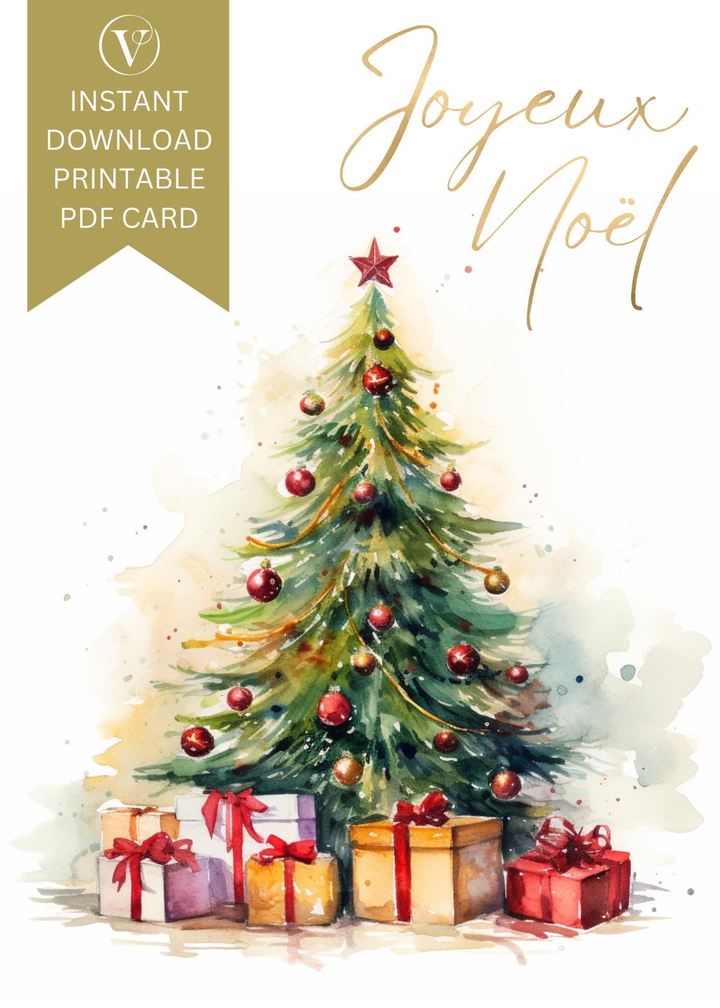 Joyeux Noël Printable Watercolor Christmas Tree A5 Card