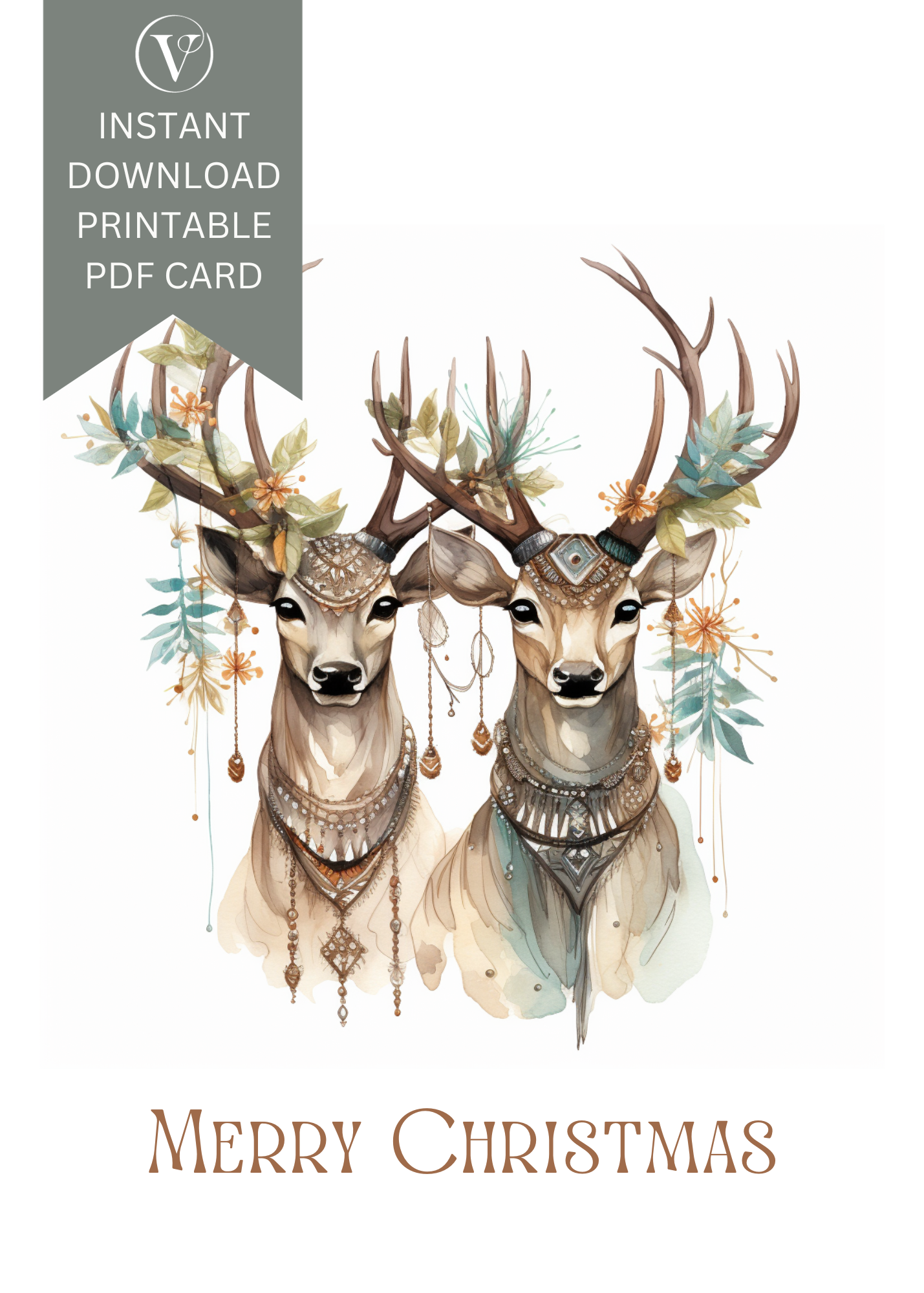 Stylish Bohemian Style Reindeer Christmas A5 Card