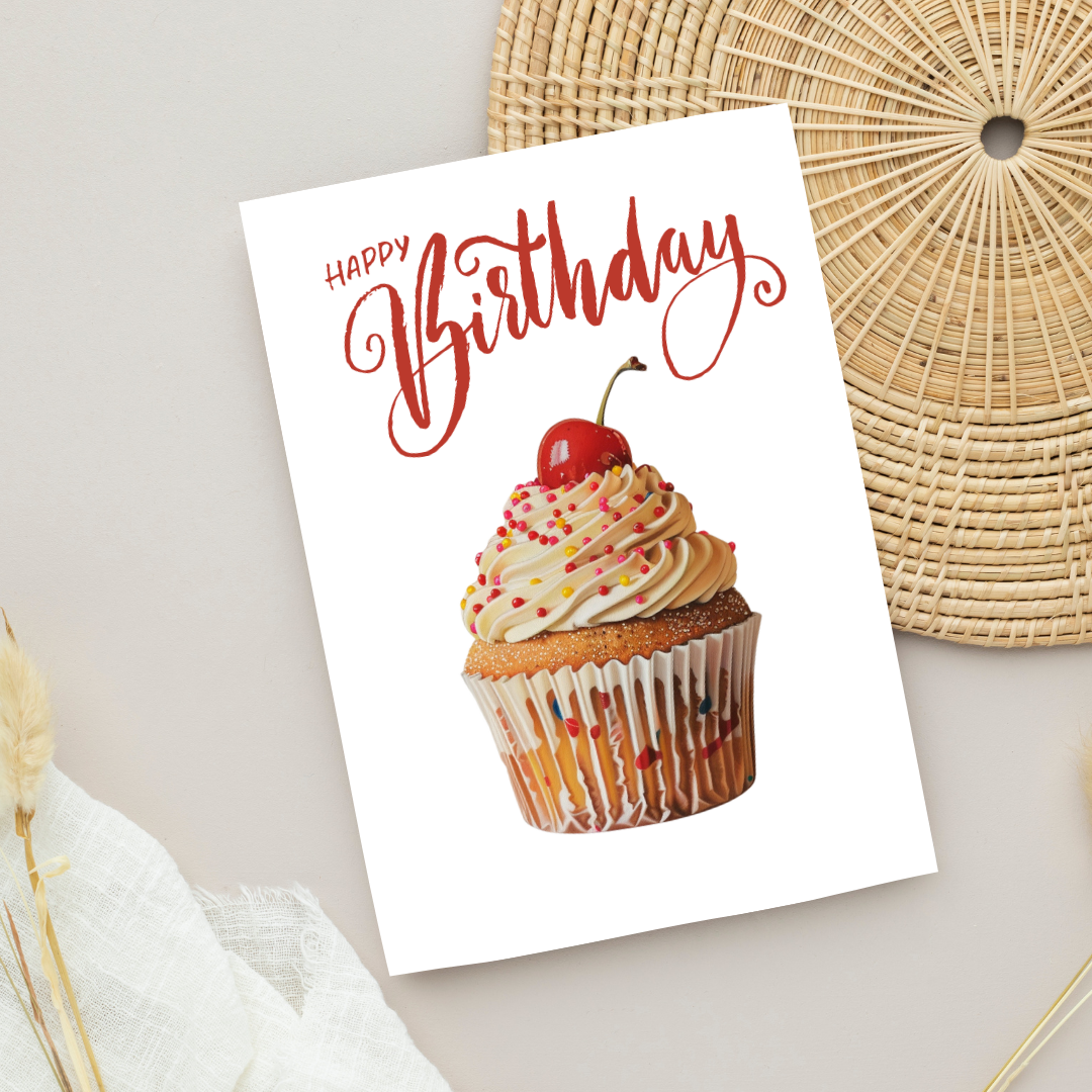 Blank A5 Printable Happy Birthday Cupcake Card - Printable Card
