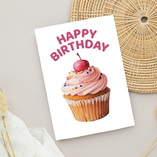 Blank A5 Printable Happy Birthday Cupcake Card - Printable Card