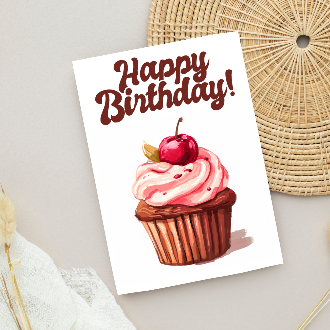 Blank A5 Printable Happy Birthday Cupcake Card - Printable Card