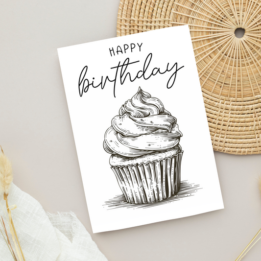 Blank A5 Printable Happy Birthday Cupcake Card - Black & White Printable Card