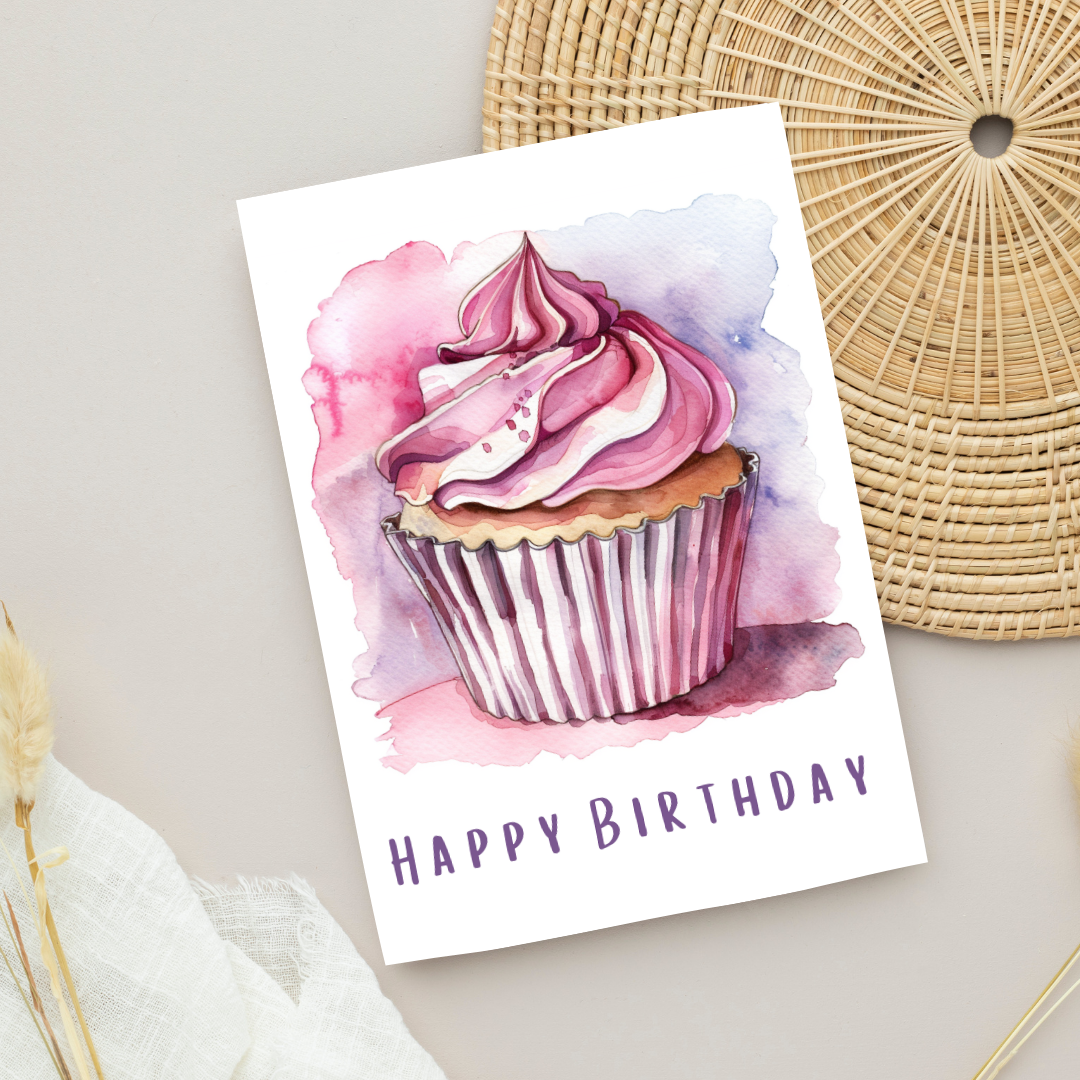 Blank A5 Printable Happy Birthday Cupcake Card - Pastel Printable Card