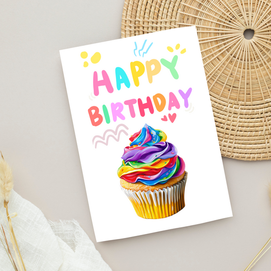 Blank A5 Printable Happy Birthday Cupcake Card - Colorful Printable Card