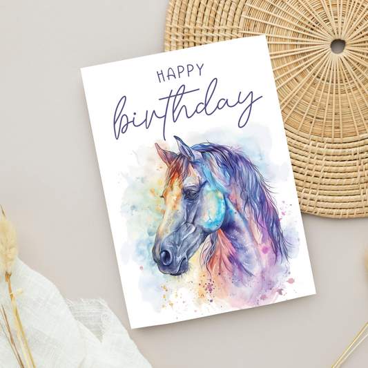 Blank A5 'Happy Birthday' Printable Watercolor Inspired Horse Card - Printable Card