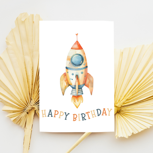 Playful Blank A5 Printable Happy Birthday Rocket Card