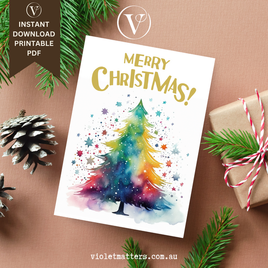 Colorful Watercolor Merry Christmas Tree Printable A5 Card