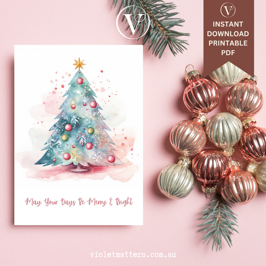 Pretty Pastel Watercolor Printable Christmas Tree A5 Card