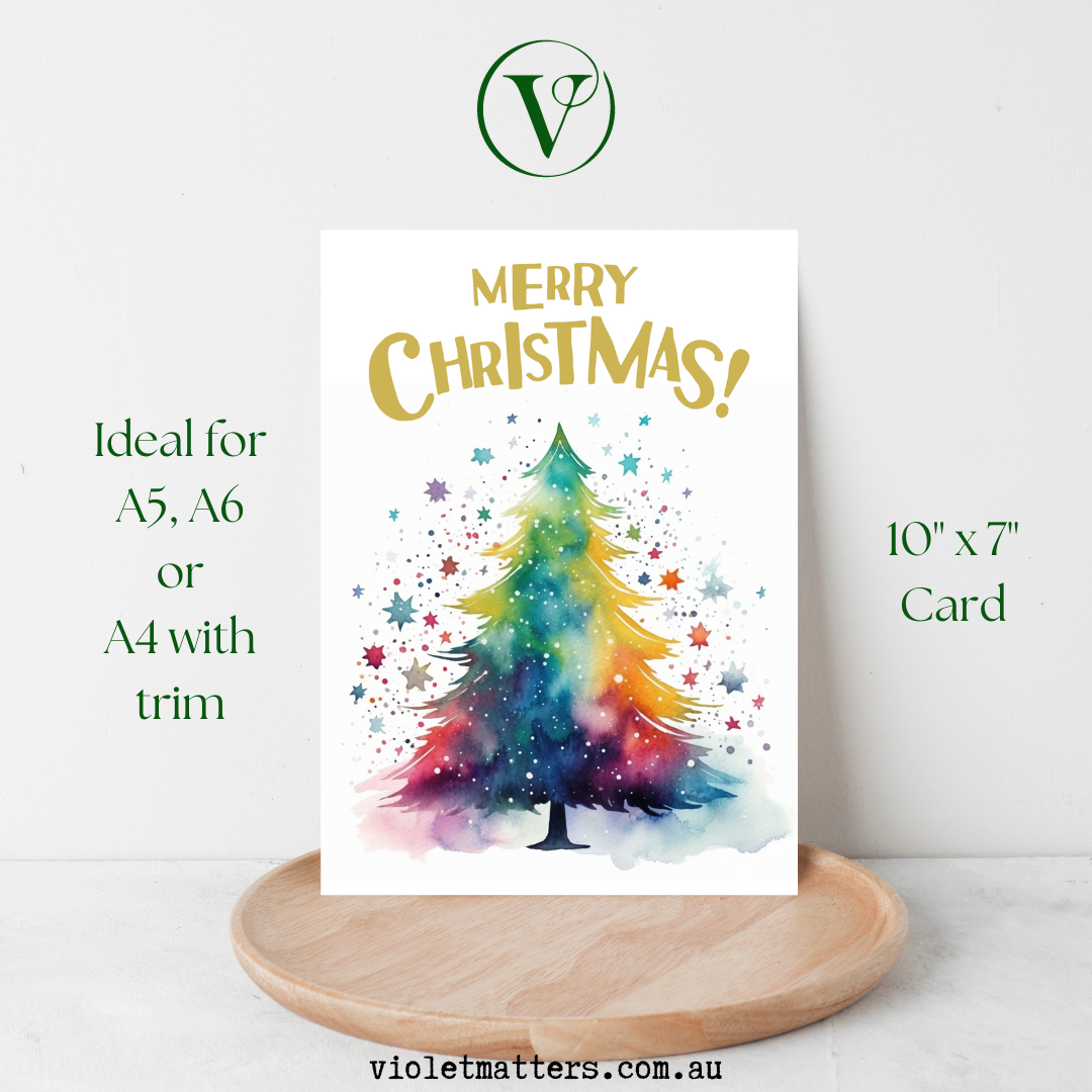 Colorful Watercolor Merry Christmas Tree Printable A5 Card