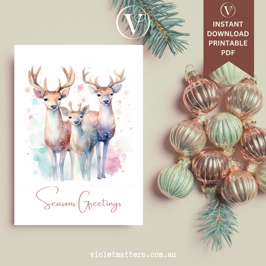 Beautiful Pastel Watercolor Deer Printable Christmas A5 Card