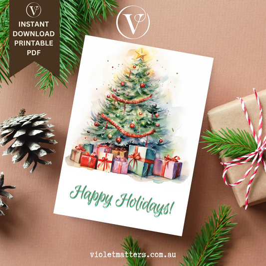 Charming Happy Holidays Printable Watercolor Christmas Tree A5 Card