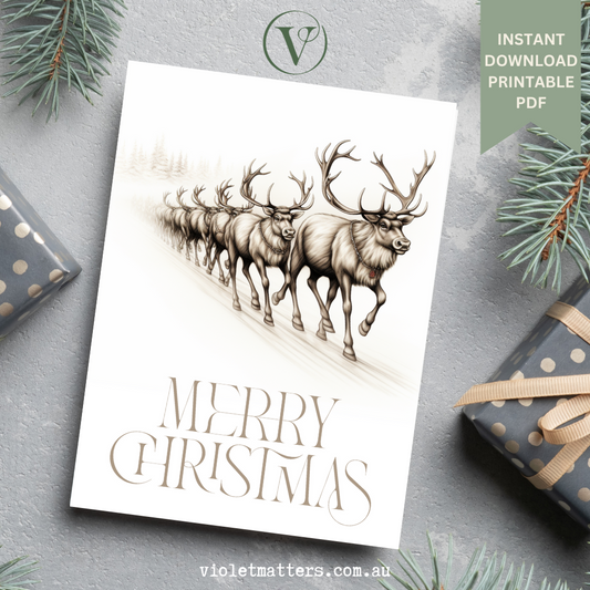 Printable Digital Christmas A5 Card - Beautiful Reindeer's Line Drawing