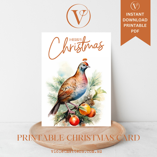 Printable Digital Watercolor Christmas A5 Card - Partridge in a Pear Tree