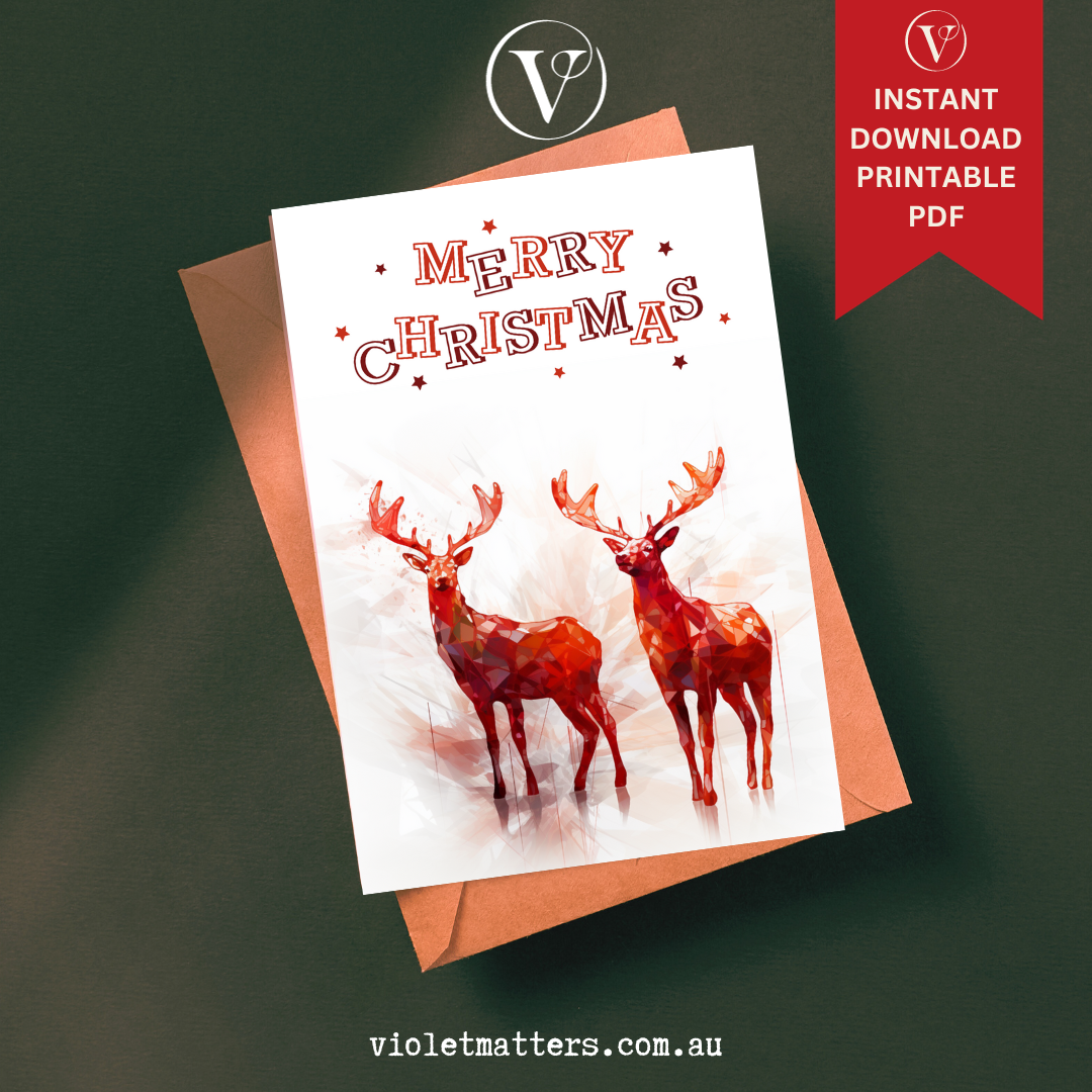 Modern Red Abstract Printable Christmas Reindeer A5 Card