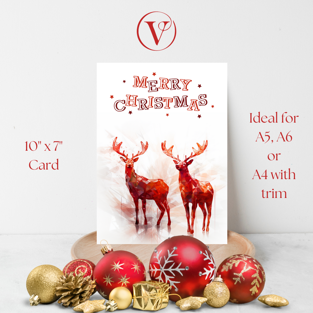 Modern Red Abstract Printable Christmas Reindeer A5 Card