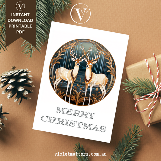 Printable Art Deco Style Reindeer Christmas A5 Card