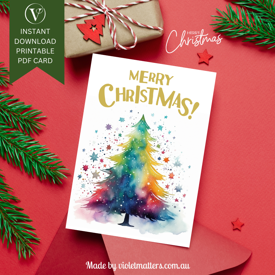 Colorful Watercolor Merry Christmas Tree Printable A5 Card