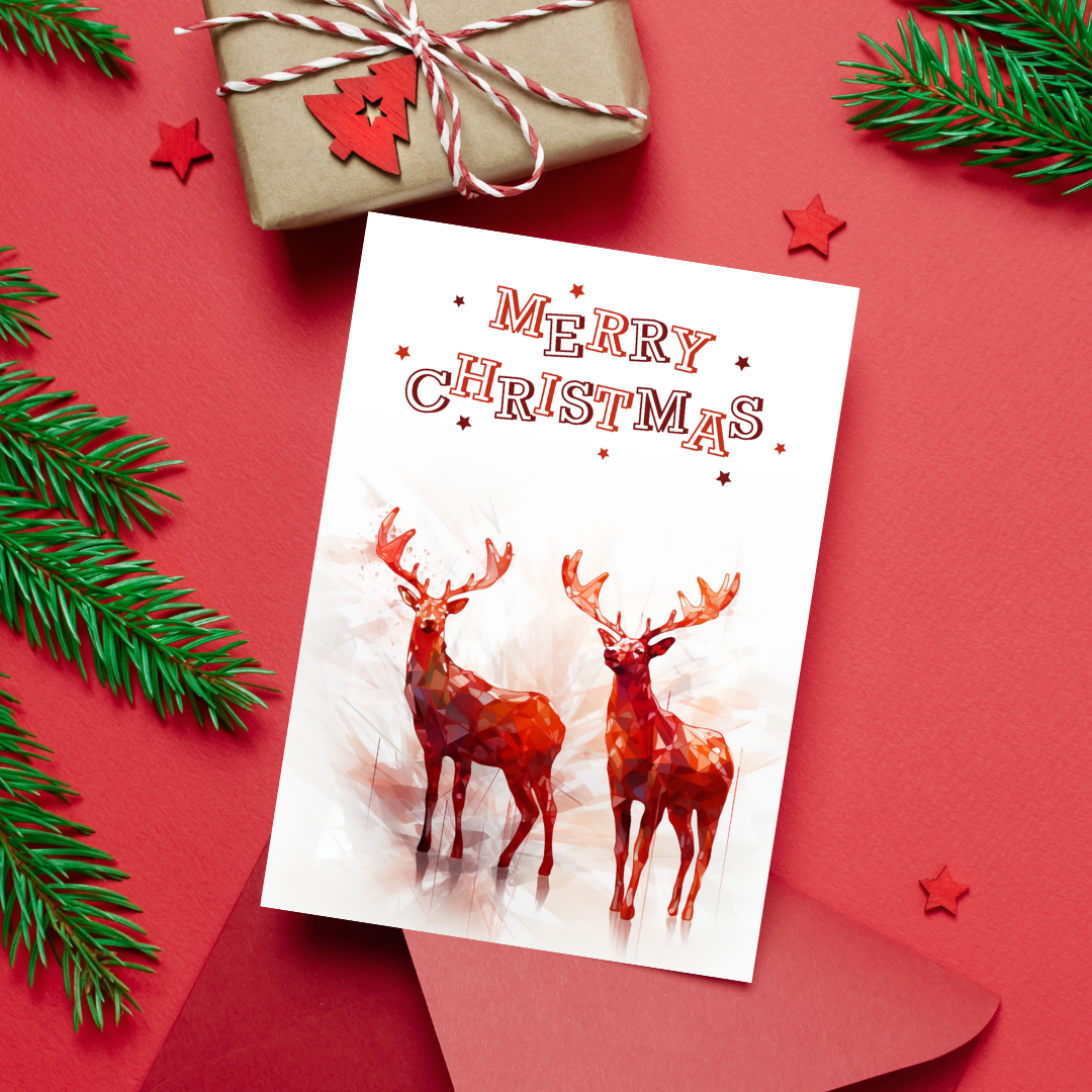 Modern Red Abstract Printable Christmas Reindeer A5 Card