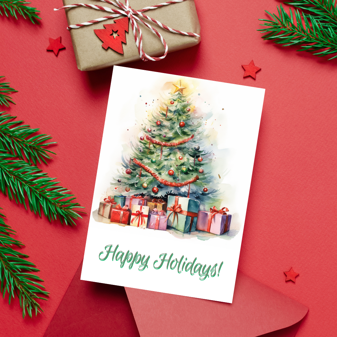 Charming Happy Holidays Printable Watercolor Christmas Tree A5 Card
