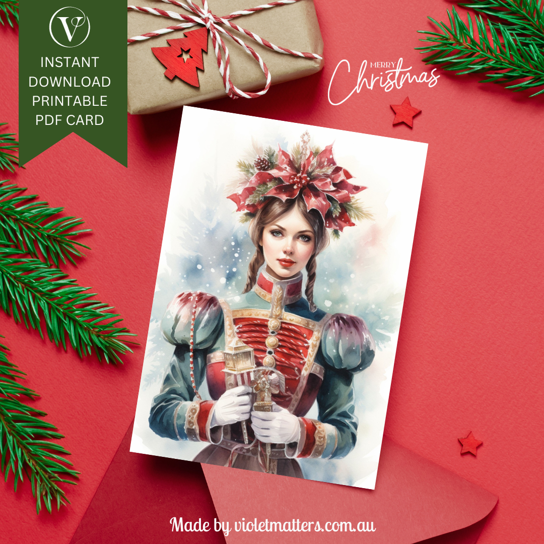 Beautiful Nutcracker Watercolor Style Printable Christmas A5 Card