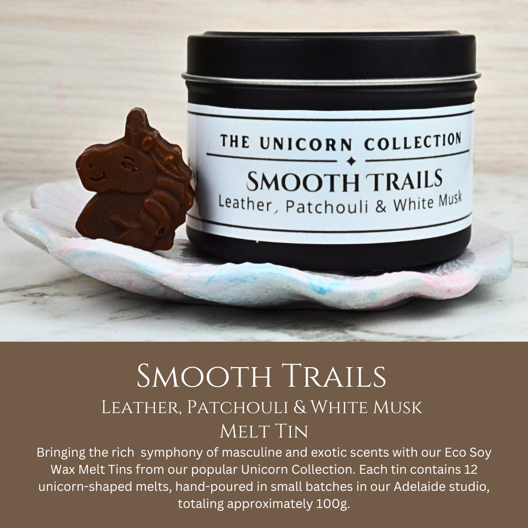 Smooth Trails: Leather, Patchouli & White Musk - Eco Soy Wax Melt Tin