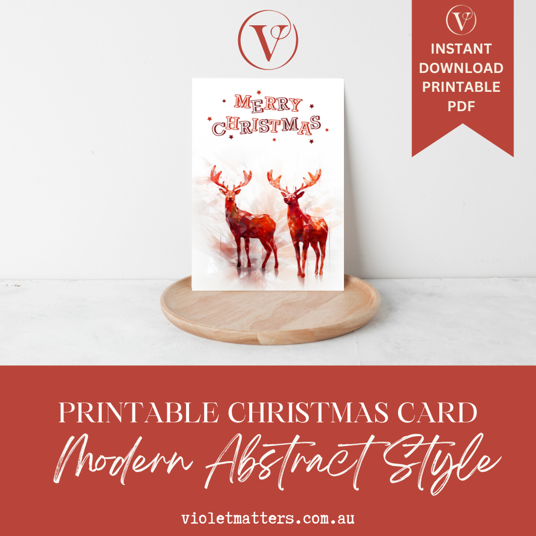 Modern Red Abstract Printable Christmas Reindeer A5 Card