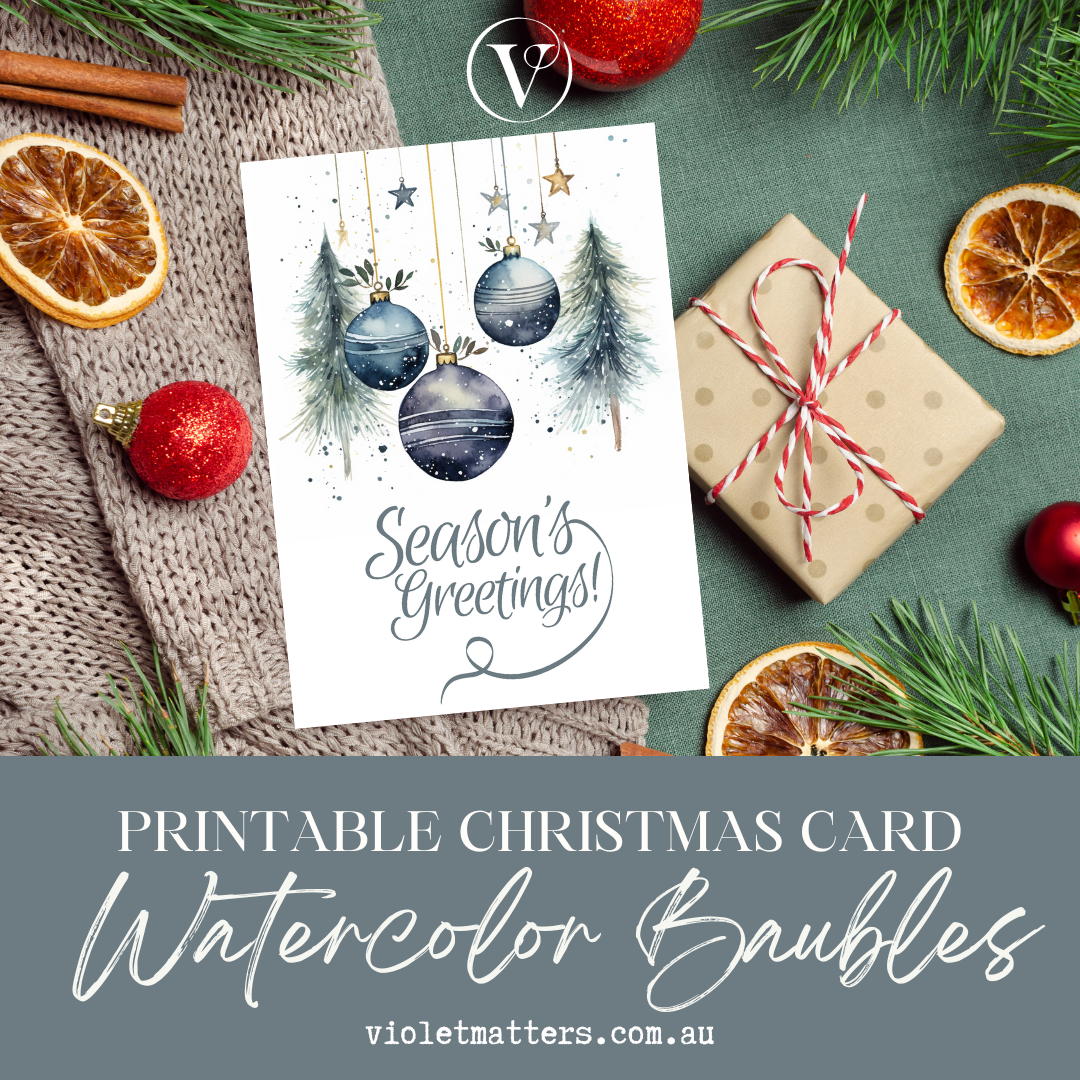 Digital Printable Watercolor Christmas A5 Card - Seasons Greetings Decorations