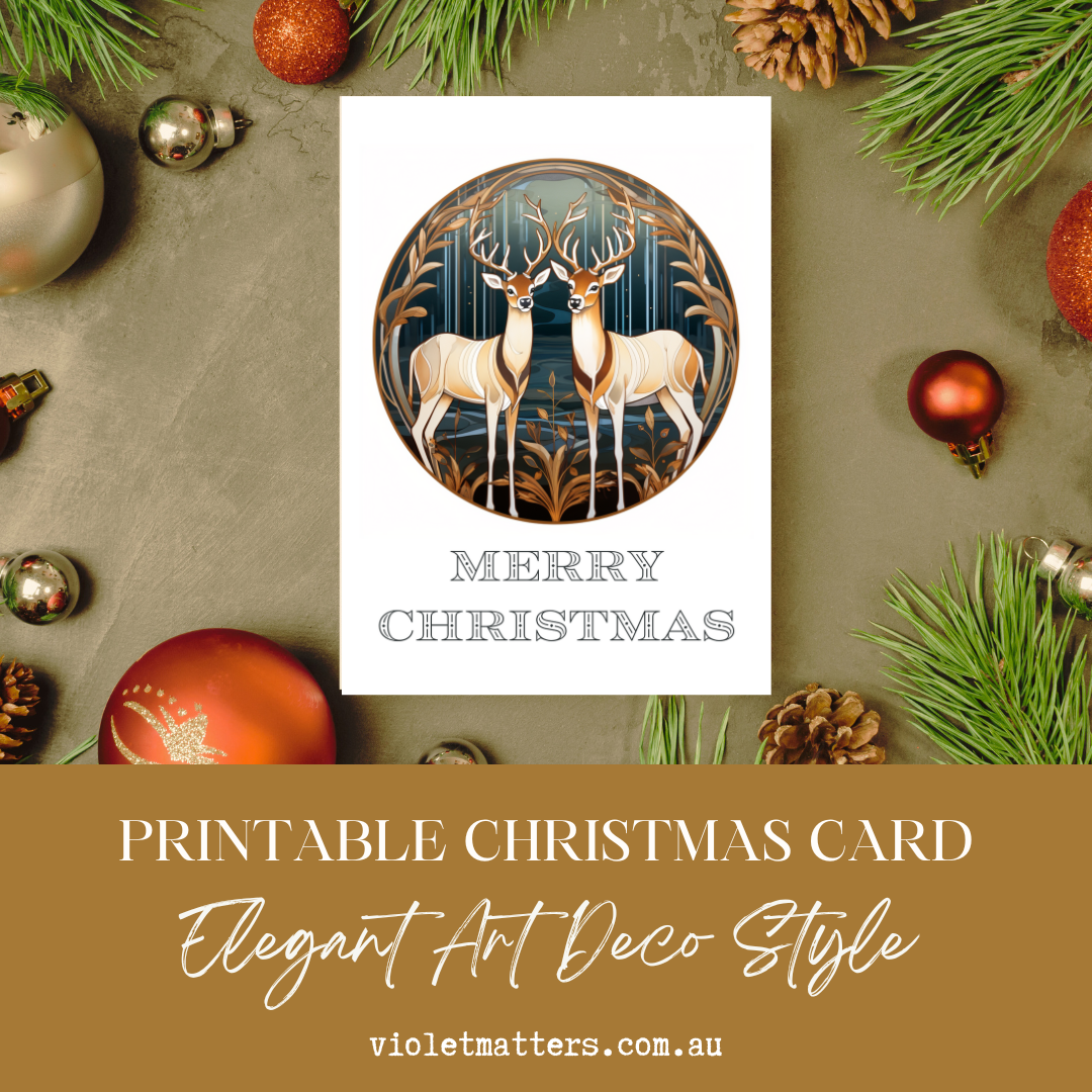 Printable Art Deco Style Reindeer Christmas A5 Card