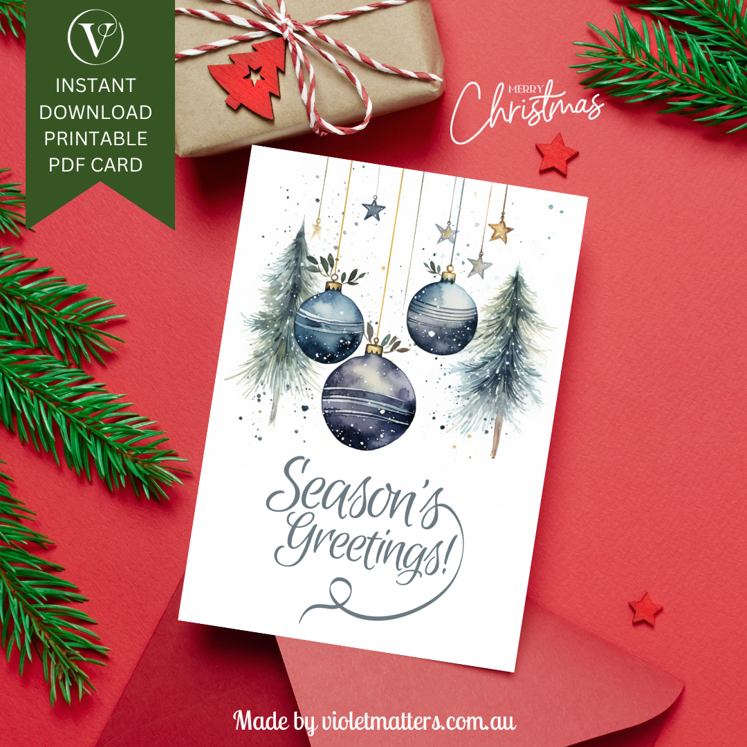 Digital Printable Watercolor Christmas A5 Card - Seasons Greetings Decorations