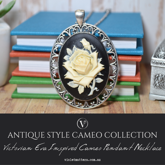 Antique Style Victorian Era Inspired Cameo Pendant Necklace - Portrait of a Rose