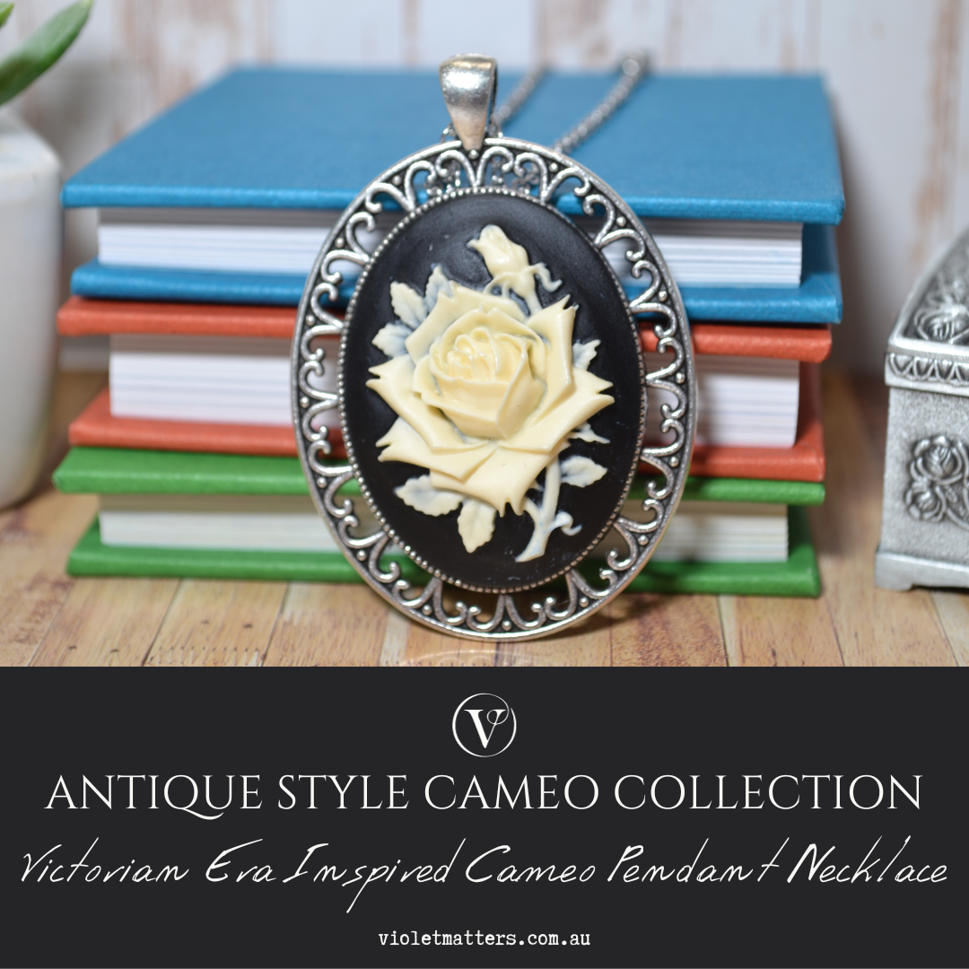 Antique Style Victorian Era Inspired Cameo Pendant Necklace - Portrait of a Rose