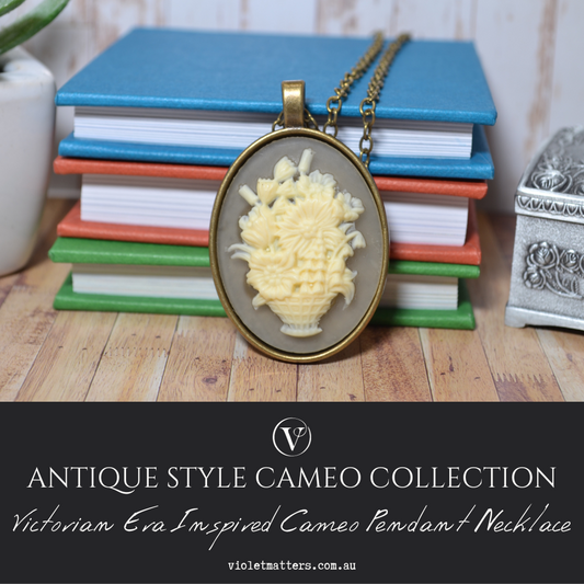 Antique Style Victorian Era Inspired Cameo Pendant - A Basket of Flowers