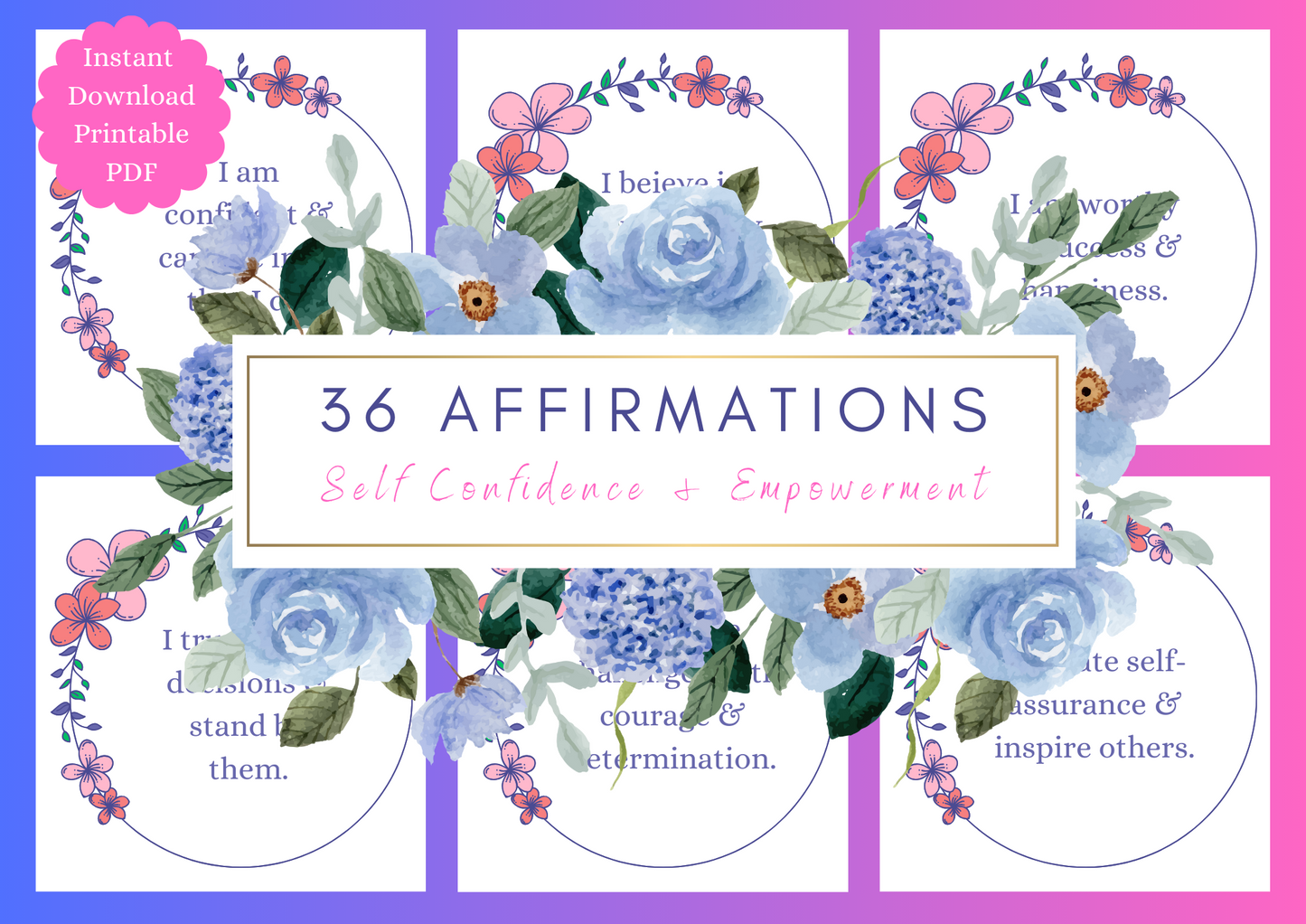 Printable Affirmation Card Set - Digital Download PDF - Self Empowerment & Increasing Self Confidence Cards