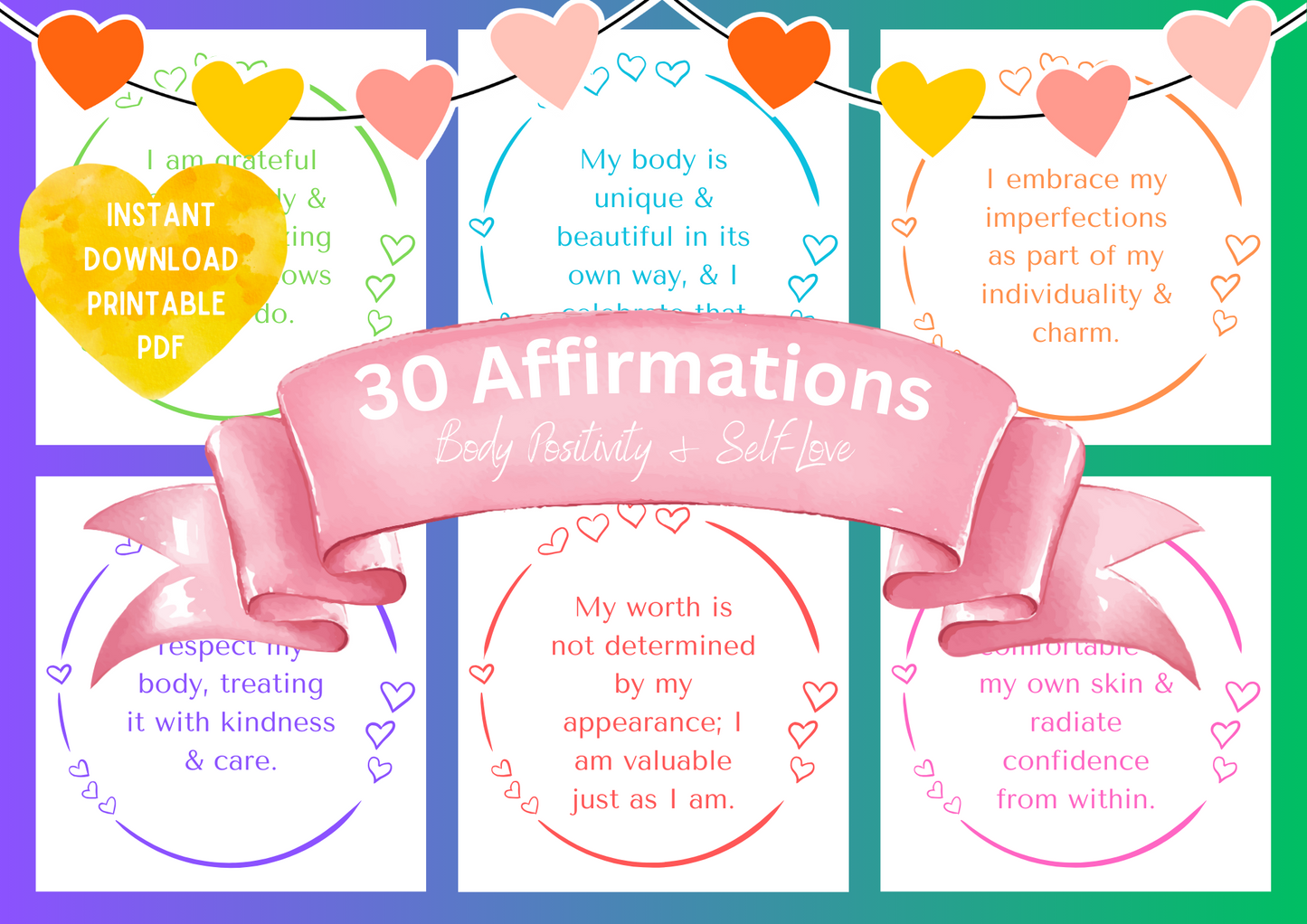 Printable Affirmation Card Set - Digital Download PDF - Self Love & Body Positivity