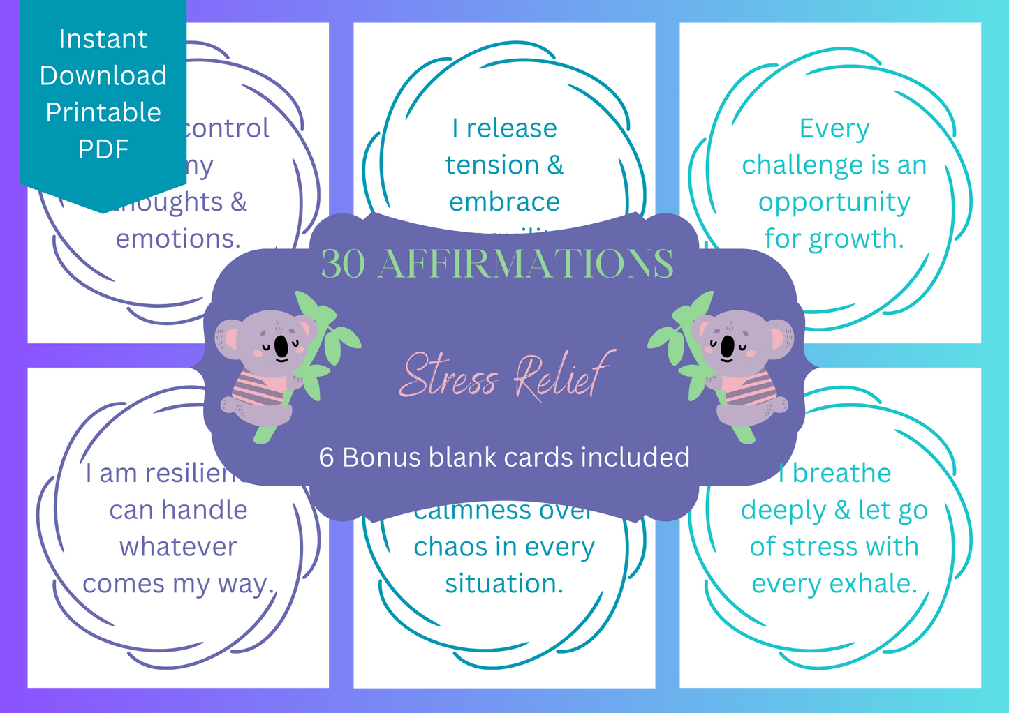 Printable Affirmation Card Set - Digital Download PDF - Stress Relief