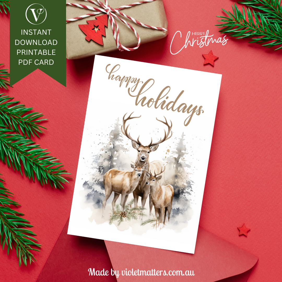 Neutral Watercolor Style Christmas Reindeer Printable Christmas A5 Card