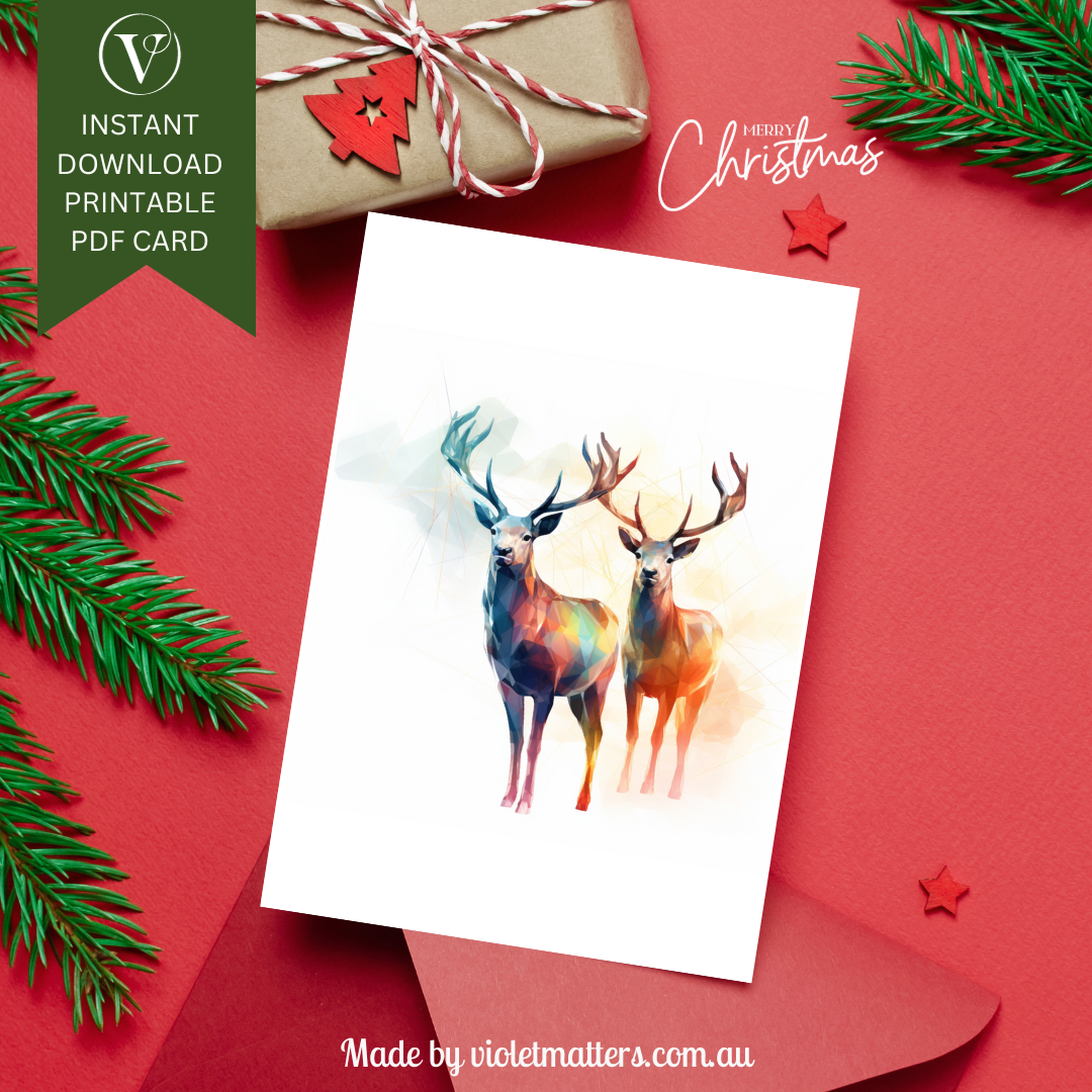 Modern Abstract Syle Christmas Reindeers Printable Christmas A5 Card