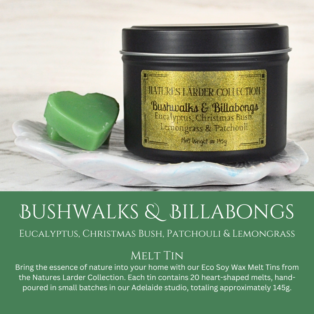 Bushwalks & Billabongs: Eucalyptus, Christmas Bush, Patchouli & Lemongrass - Eco Soy Wax Melt Tin