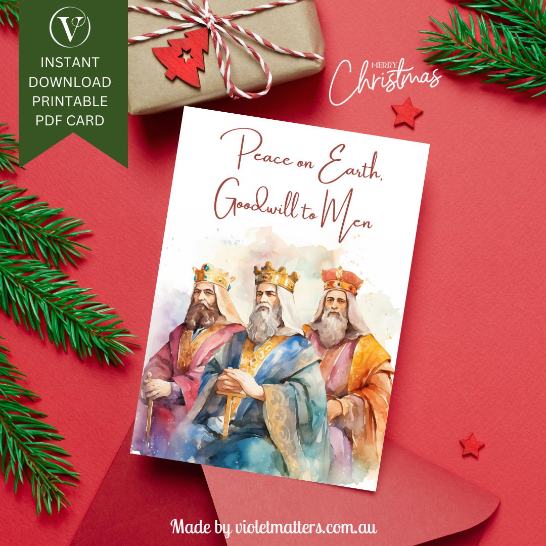 Elegant Three Wisemen Watercolor Printable Christmas A5 Card