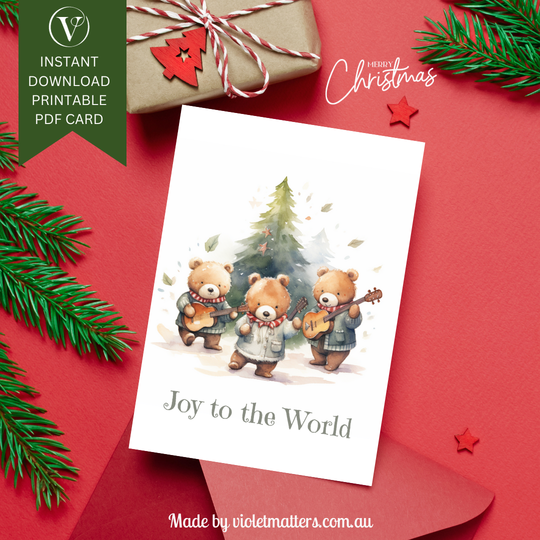 Joy to the World Adorable Bears Printable Christmas A5 Card