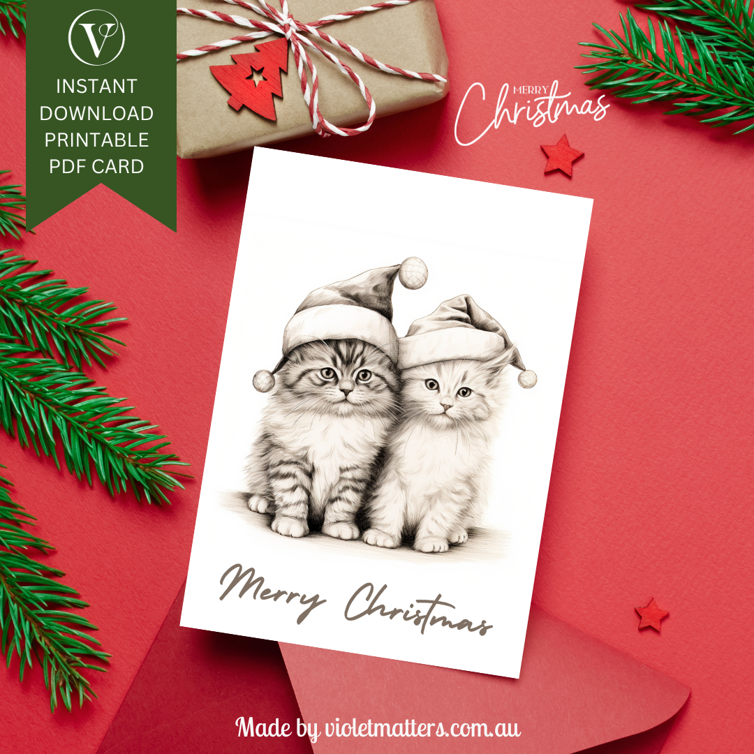 Merry Catmas Printable Digital Christmas A5 Card - Cute Kittens in Hats