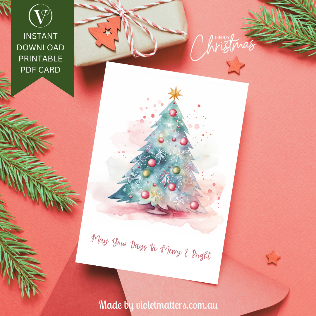 Pretty Pastel Watercolor Printable Christmas Tree A5 Card