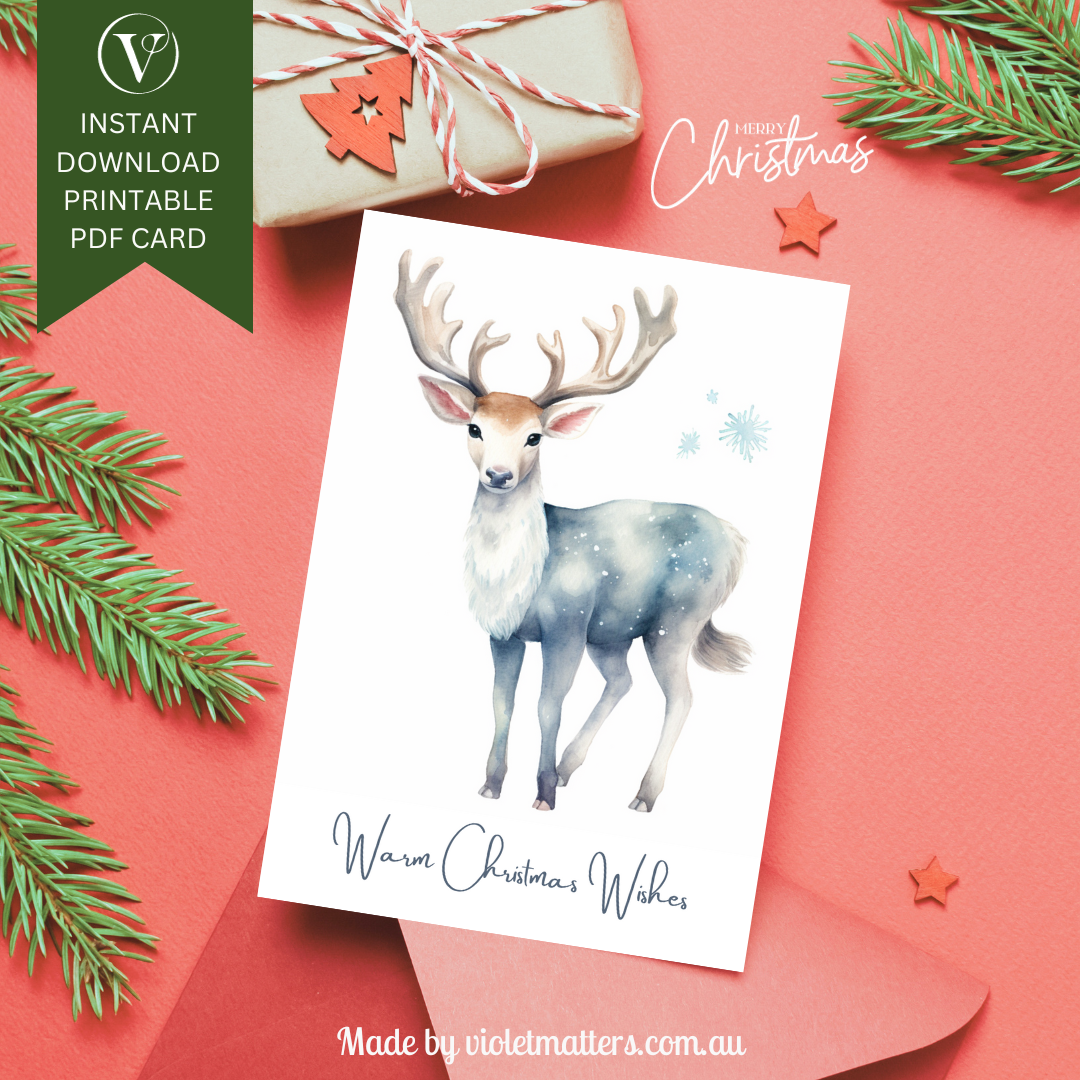 Elegant Pastel Watercolor Deer Printable Christmas A5 Card