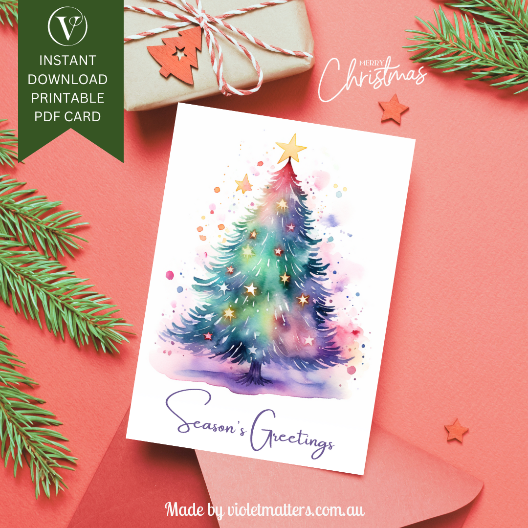 Enchanting Seasons Greetings Watercolor Printable Christmas Tree A5 Card