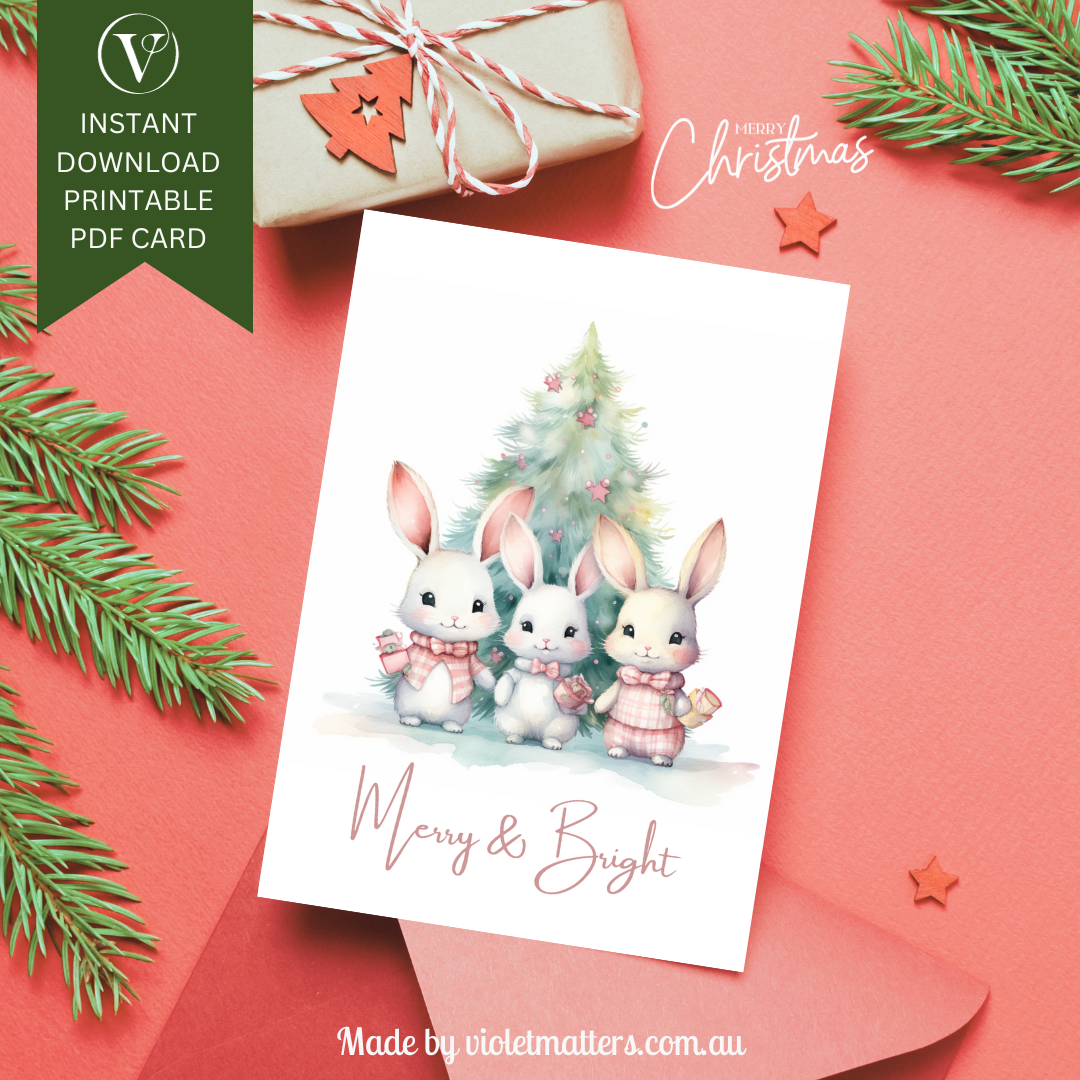 Delightful Pastel Watercolor Bunny Printable Christmas A5 Card